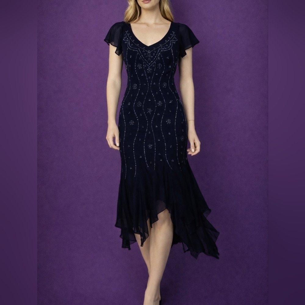 Vtg METAPHOR 1990s Navy Blue Beaded Assymetric Fishtail Chiffon Evening Dress